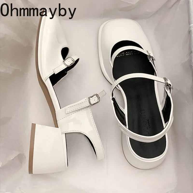 Mary Jane Shoes Buckle Pumps Women Thick Heels Elegant Shallow Square Toe Footwear Fashion Outdoor Lady Shoes