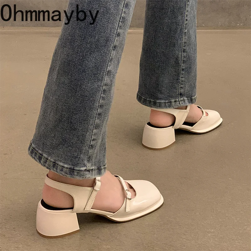 Mary Jane Shoes Buckle Pumps Women Thick Heels Elegant Shallow Square Toe Footwear Fashion Outdoor Lady Shoes
