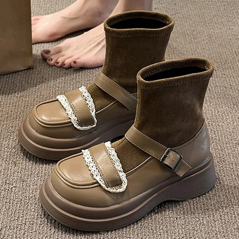 Mary Jane Shoes Platform Chelsea Boots Women 2024 Winter Trend New Ankle Fad Goth Boots Lolita Sweet Suede Walking Mujer Botas Khaki-cotton