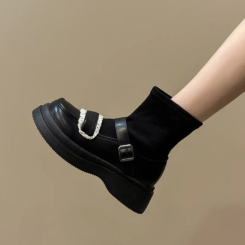 Mary Jane Shoes Platform Chelsea Boots Women 2024 Winter Trend New Ankle Fad Goth Boots Lolita Sweet Suede Walking Mujer Botas Black-cotton