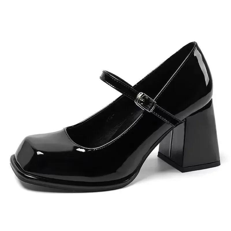 Mary Janes Vintage Black Sandals Woman Buckle Non-Slip Casual Medium Heels Office Ladies Solid Elegant Heels Korean AMAIO