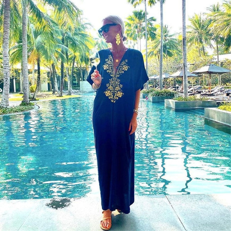 Maxi Boho Dress Kaftan Bikini Cover Up Summer Outfits Robe de Plage Pareos Playa Mujer Swimsuit AMAIO