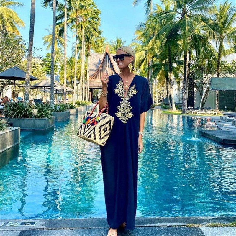Maxi Boho Dress Kaftan Bikini Cover Up Summer Outfits Robe de Plage Pareos Playa Mujer Swimsuit