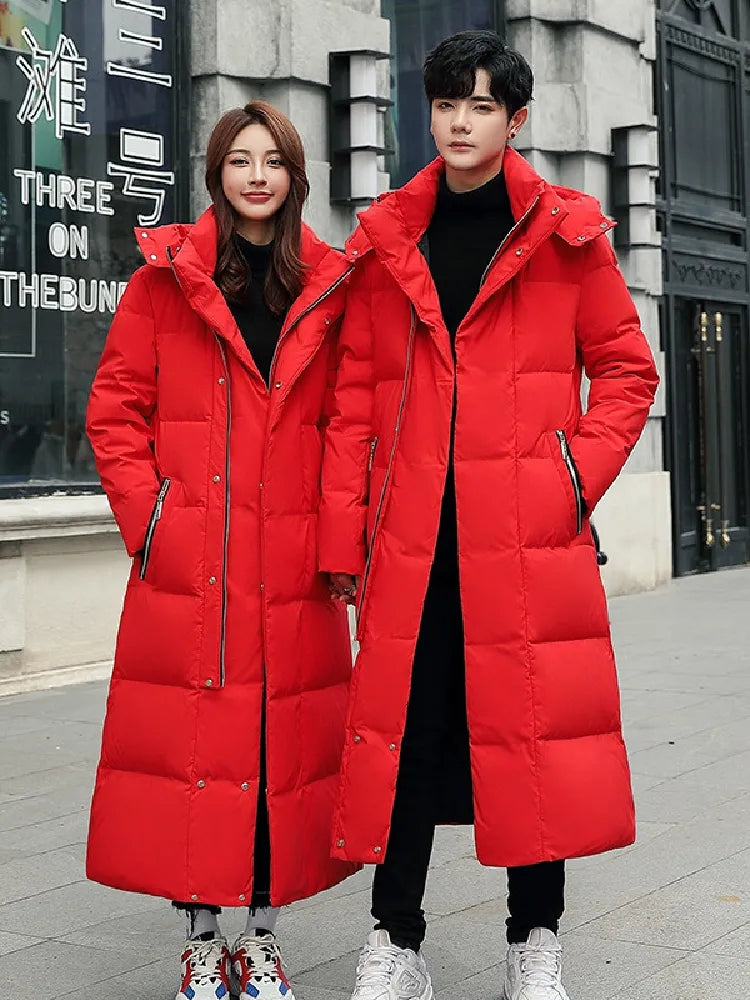 Men Women Winter Jacket 2024 New Thick （Winter) Warm Long 90% White Duck Down Hooded Coats Black Red Woman Parkas 5XL