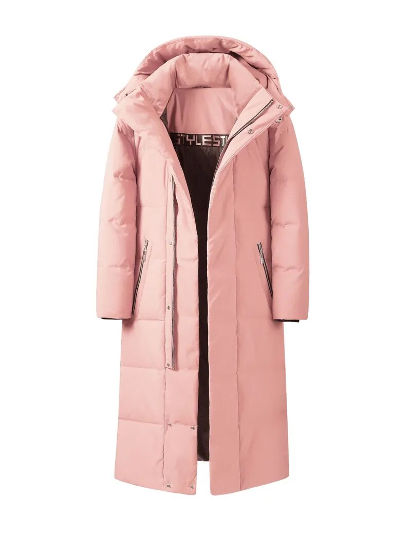 Men Women Winter Jacket 2024 New Thick （Winter) Warm Long 90% White Duck Down Hooded Coats Black Red Woman Parkas 5XL Pink