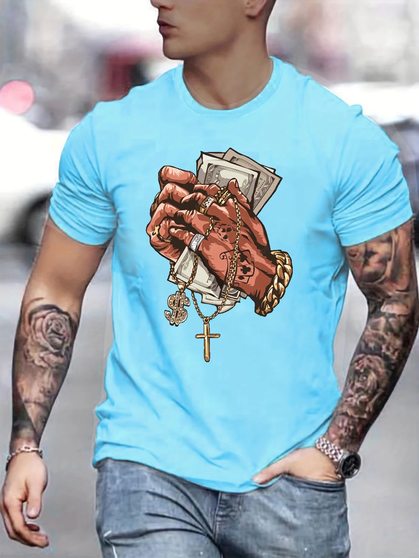 Men's Autumn Winter Sweater Set With Plush Fashion lighe blue tshirt