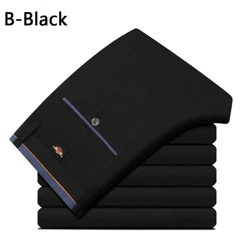 Men's Spring Autumn Fashion Business Casual Long Pants Suit Pants Male Elastic Straight Formal Trousers Plus Big Size 28-40 B-Black