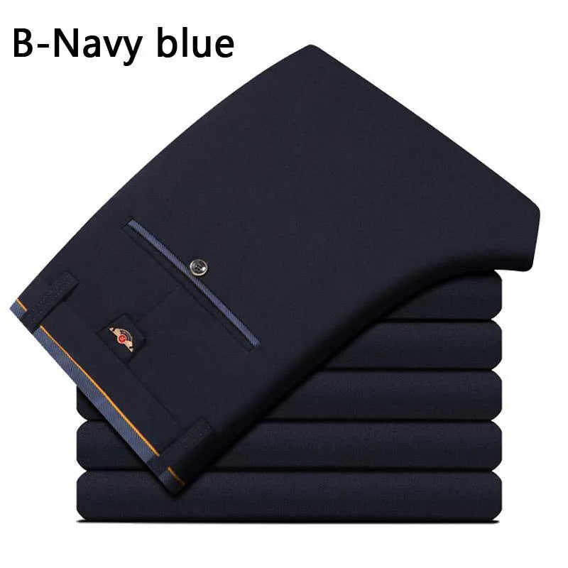 Men's Spring Autumn Fashion Business Casual Long Pants Suit Pants Male Elastic Straight Formal Trousers Plus Big Size 28-40 B-Navy
