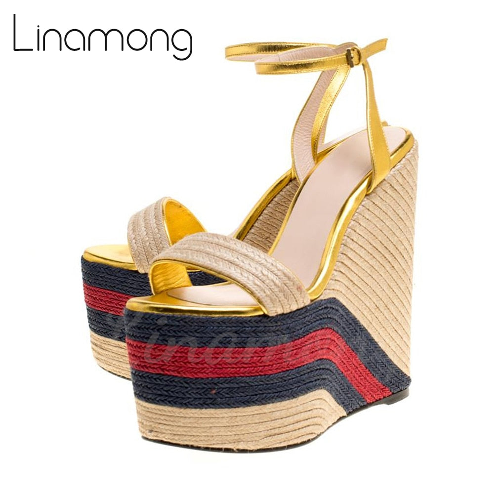 Metallic Gold Leather Espadrille Wedge Sandals Platform Ankle Strap Summer Sandals Color Block Round Toe Super High Heel Sandals AMAIO