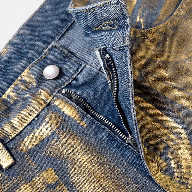 Metallic Gold Silver Straight Leg Jeans High Waist Pants For Women Streetwear Vintage Autumn Y2K Denim Trousers