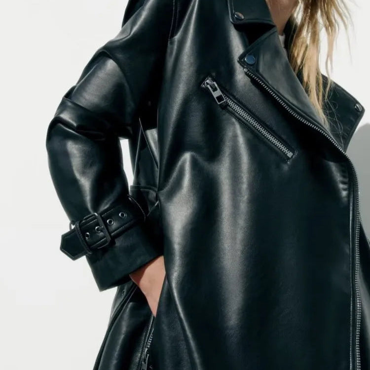 Mid Length Lapel Style Trendy and Retro Hong Kong Style Faux Leather Trench Coat