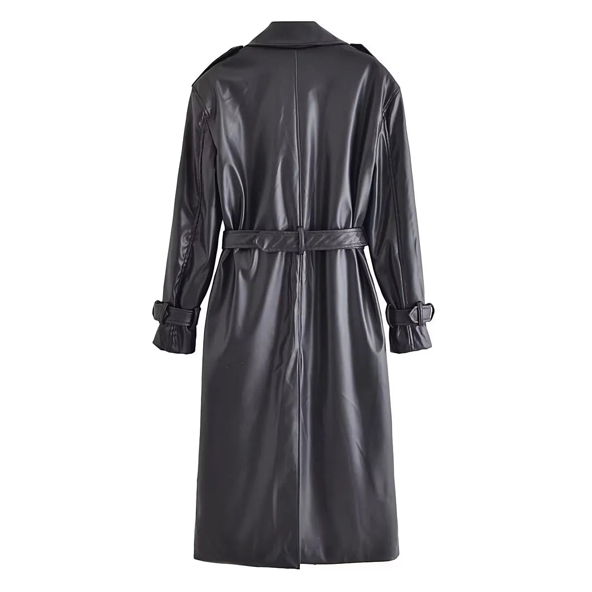 Mid Length Lapel Style Trendy and Retro Hong Kong Style Faux Leather Trench Coat