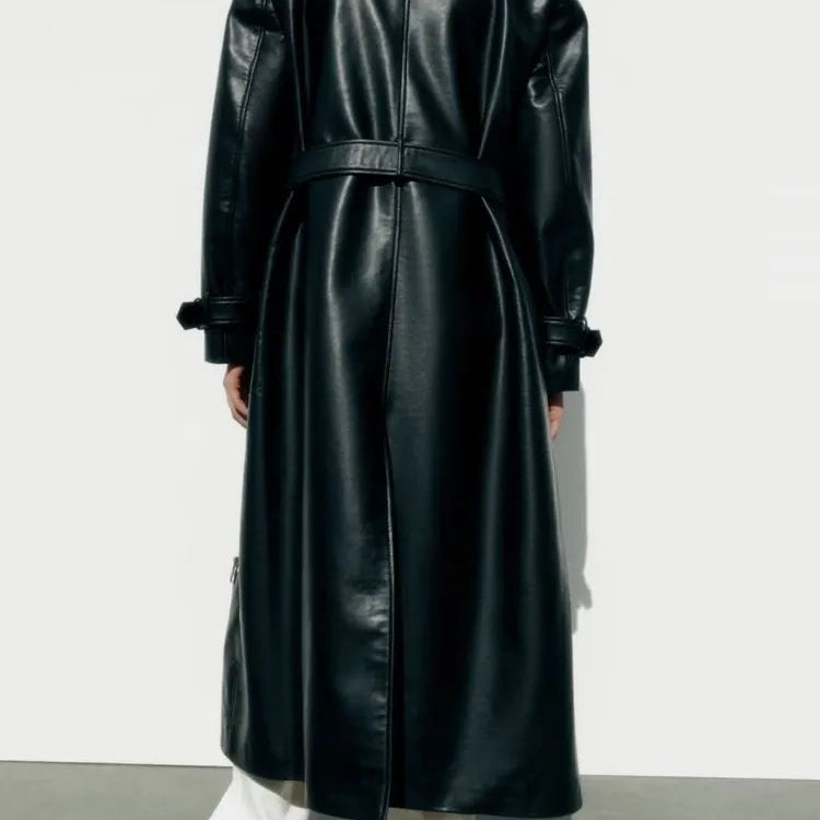 Mid Length Lapel Style Trendy and Retro Hong Kong Style Faux Leather Trench Coat