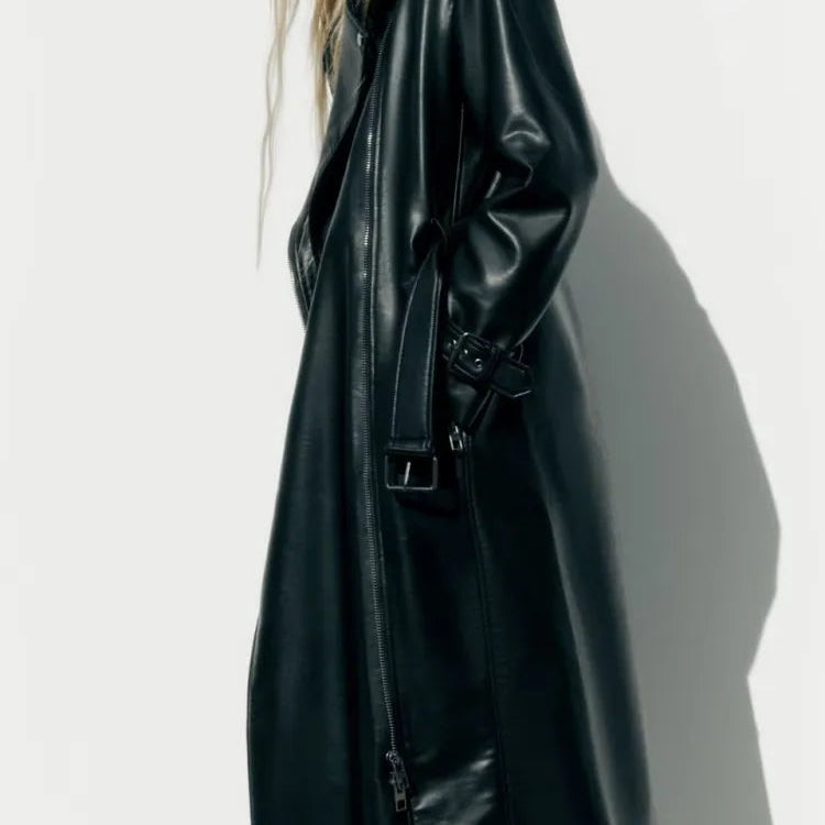 Mid Length Lapel Style Trendy and Retro Hong Kong Style Faux Leather Trench Coat