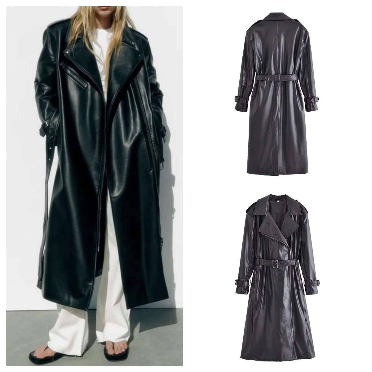 Mid Length Lapel Style Trendy and Retro Hong Kong Style Faux Leather Trench Coat AMAIO