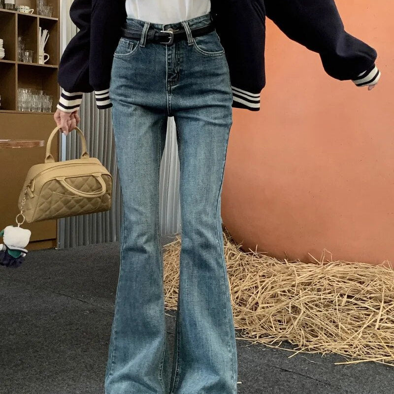 Mid Waist Stretch Flare Jeans Women Denim Pants Wide Leg Butt-lifted Casual Korean Style Skinny Bell Bottom Pocket Trousers