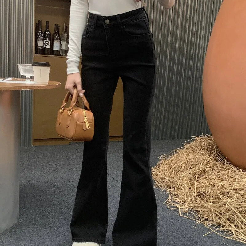 Mid Waist Stretch Flare Jeans Women Denim Pants Wide Leg Butt-lifted Casual Korean Style Skinny Bell Bottom Pocket Trousers