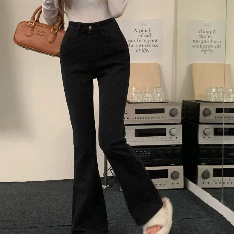 Mid Waist Stretch Flare Jeans Women Denim Pants Wide Leg Butt-lifted Casual Korean Style Skinny Bell Bottom Pocket Trousers RH8877 Black