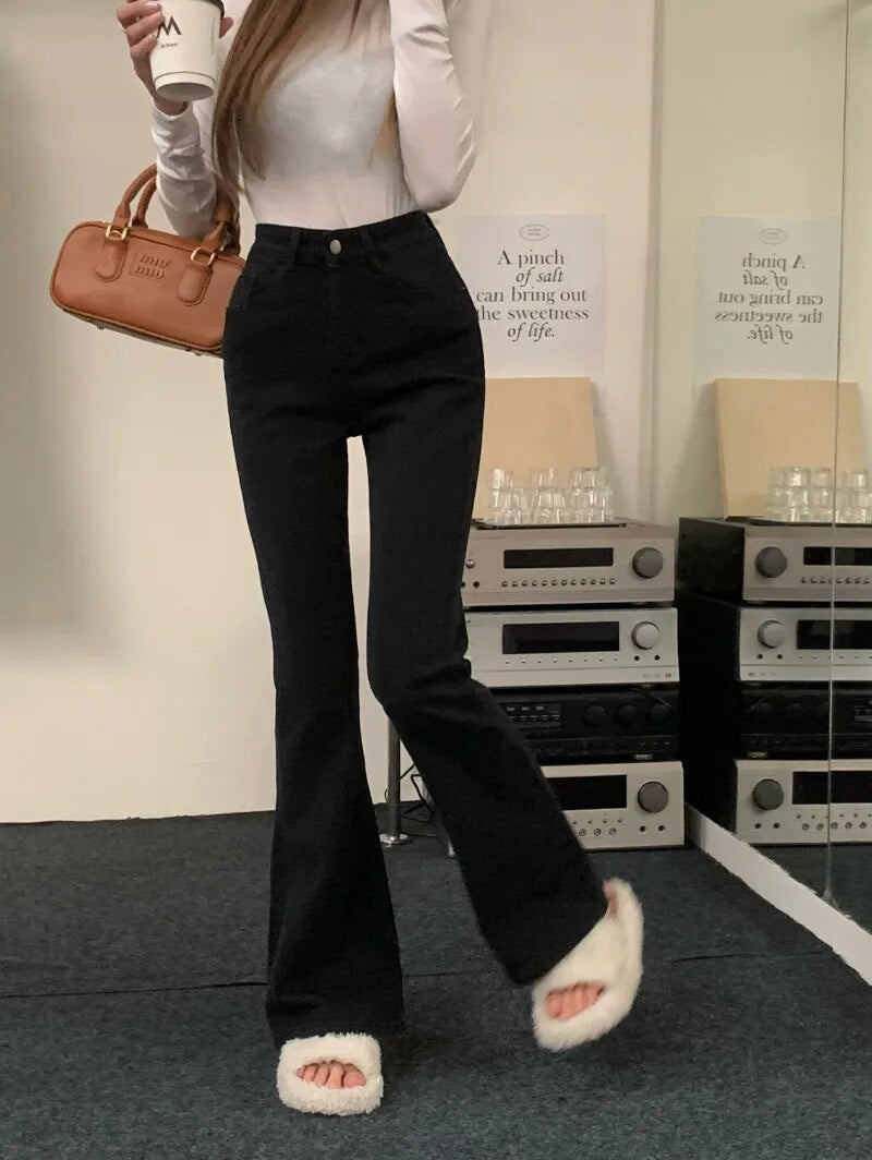 Mid Waist Stretch Flare Jeans Women Denim Pants Wide Leg Butt-lifted Casual Korean Style Skinny Bell Bottom Pocket Trousers RH8877 Black