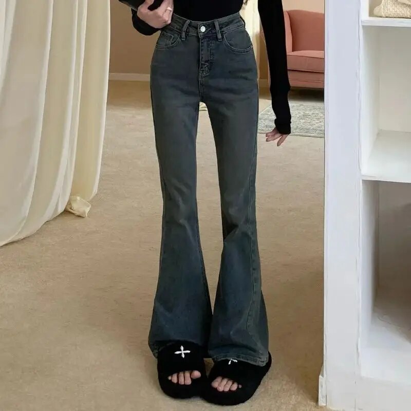 Mid Waist Stretch Flare Jeans Women Denim Pants Wide Leg Butt-lifted Casual Korean Style Skinny Bell Bottom Pocket Trousers RH8877 Gray