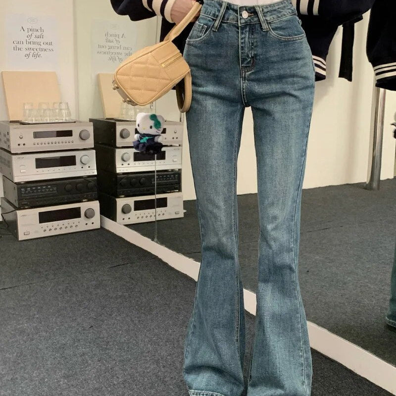 Mid Waist Stretch Flare Jeans Women Denim Pants Wide Leg Butt-lifted Casual Korean Style Skinny Bell Bottom Pocket Trousers RH8877 Blue