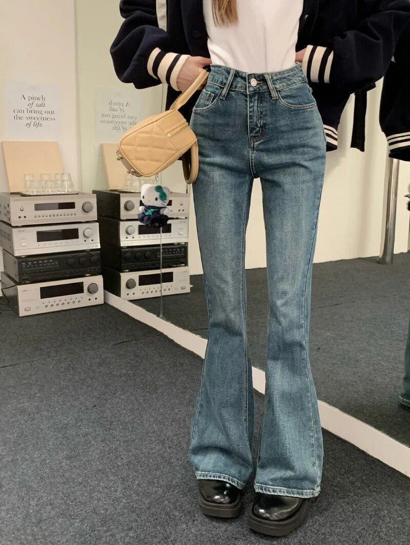 Mid Waist Stretch Flare Jeans Women Denim Pants Wide Leg Butt-lifted Casual Korean Style Skinny Bell Bottom Pocket Trousers RH8877 Blue