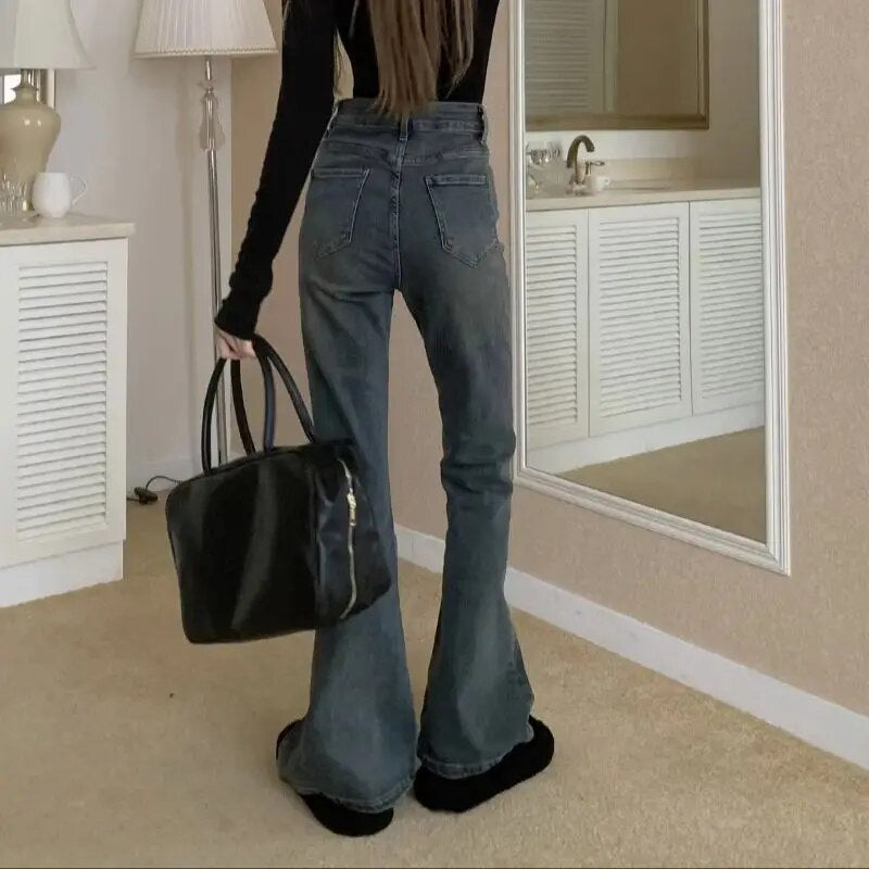 Mid Waist Stretch Flare Jeans Women Denim Pants Wide Leg Butt-lifted Casual Korean Style Skinny Bell Bottom Pocket Trousers
