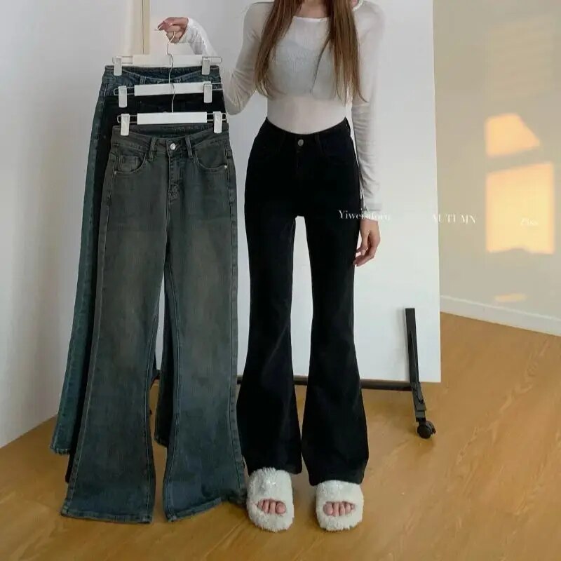 Mid Waist Stretch Flare Jeans Women Denim Pants Wide Leg Butt-lifted Casual Korean Style Skinny Bell Bottom Pocket Trousers
