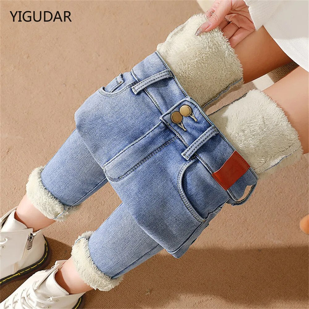 Mid Waist Warm Jeans For Women Blue Female Winter Jeans Women Denim Pants Jean Female Ankle length Warm Pants women jeans AMAIO