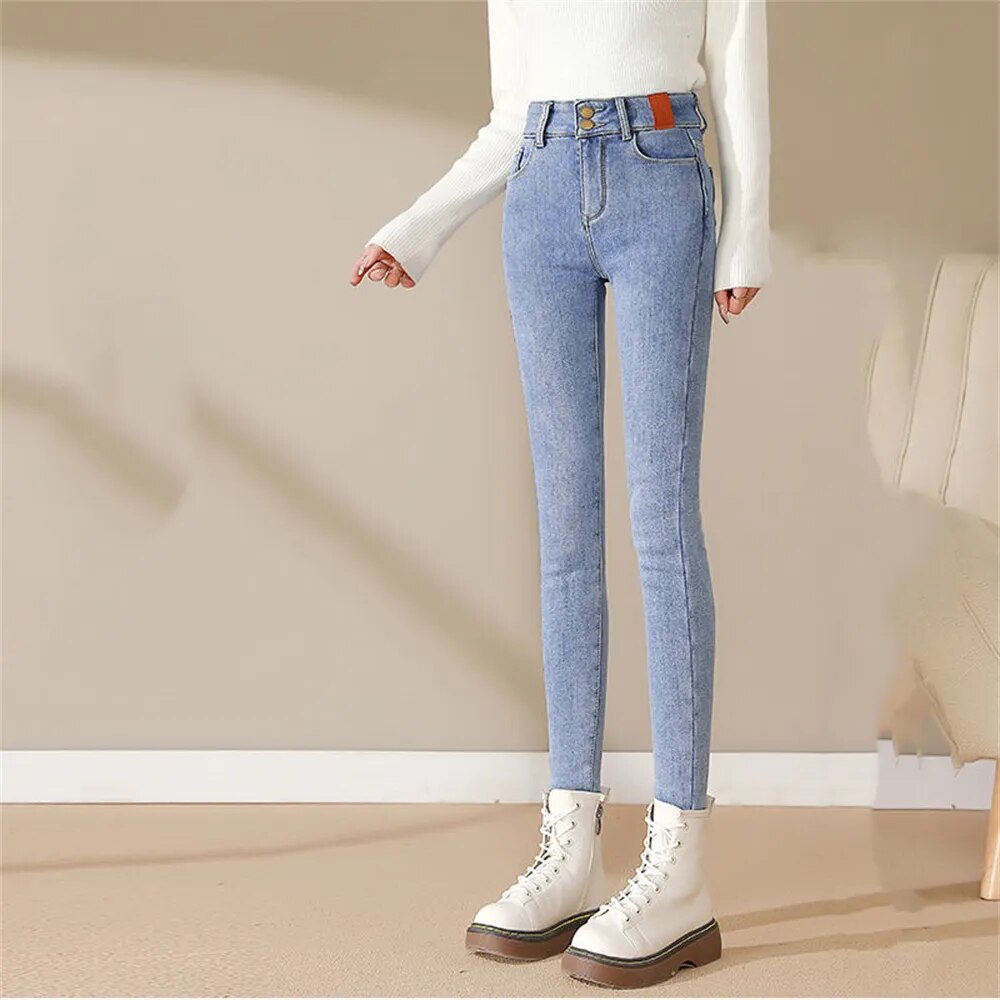 Mid Waist Warm Jeans For Women Blue Female Winter Jeans Women Denim Pants Jean Female Ankle length Warm Pants women jeans