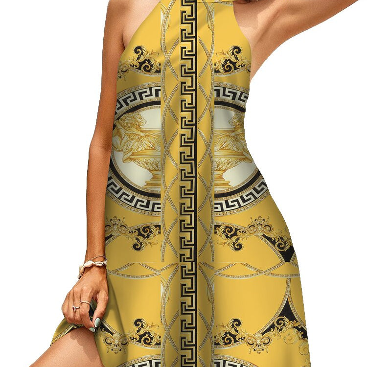 Mini Halter Dress Golden Pattern Off Shoulder Tie Back Sleeveless Dresses Sexy Party Beach Sundress Vestidos 6