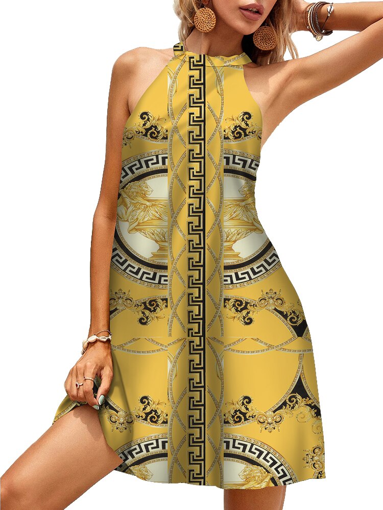 Mini Halter Dress Golden Pattern Off Shoulder Tie Back Sleeveless Dresses Sexy Party Beach Sundress Vestidos 6