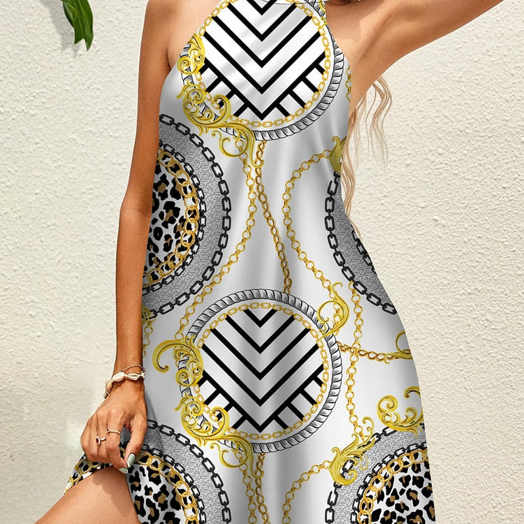 Mini Halter Dress Golden Pattern Off Shoulder Tie Back Sleeveless Dresses Sexy Party Beach Sundress Vestidos