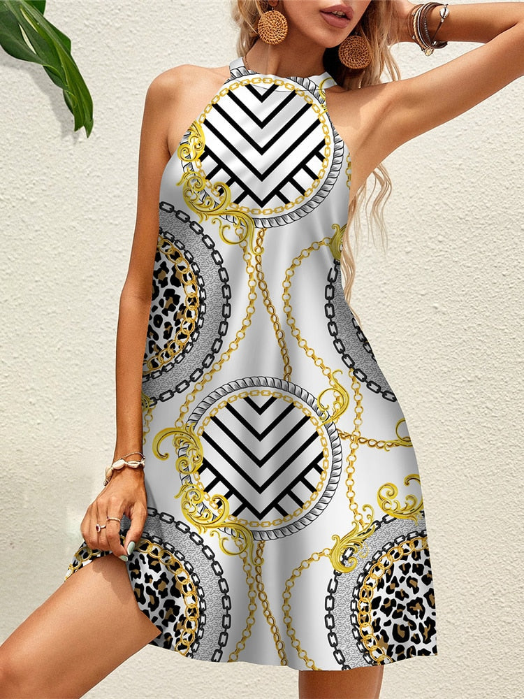 Mini Halter Dress Golden Pattern Off Shoulder Tie Back Sleeveless Dresses Sexy Party Beach Sundress Vestidos