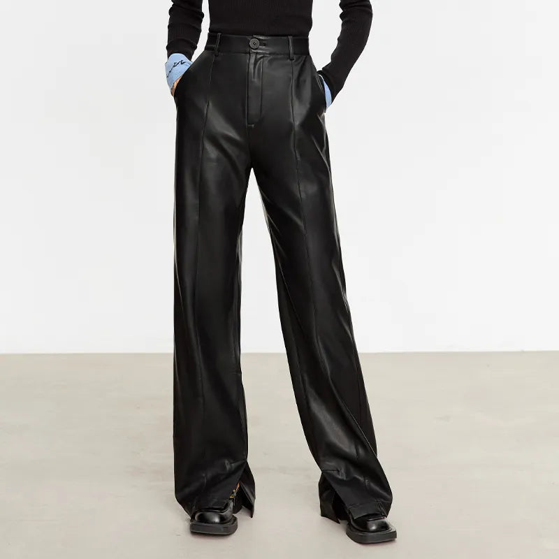 Minimalist PU Leather Casual Pants for Women Autumn Loose Floor Length Straight Slit Female Trousers black