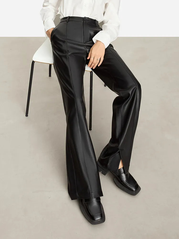 Minimalist PU Leather Casual Pants for Women Autumn Loose Floor Length Straight Slit Female Trousers