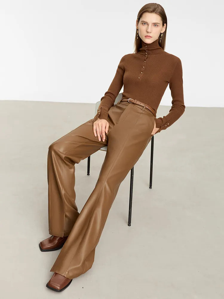 Minimalist PU Leather Casual Pants for Women Autumn Loose Floor Length Straight Slit Female Trousers