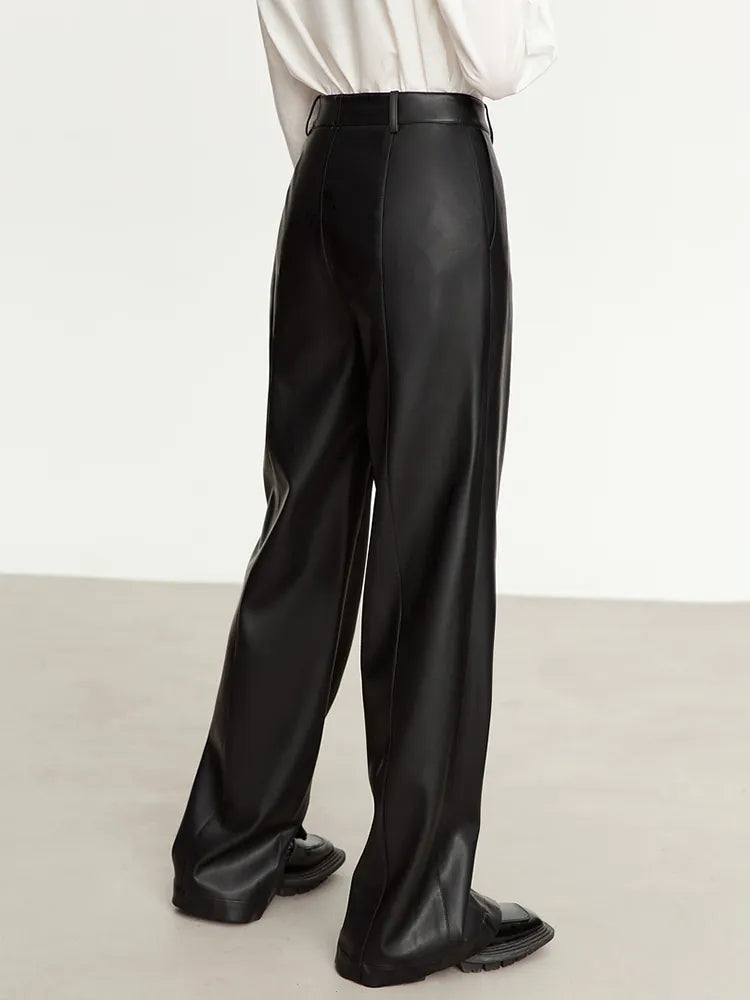 Minimalist PU Leather Casual Pants for Women Autumn Loose Floor Length Straight Slit Female Trousers