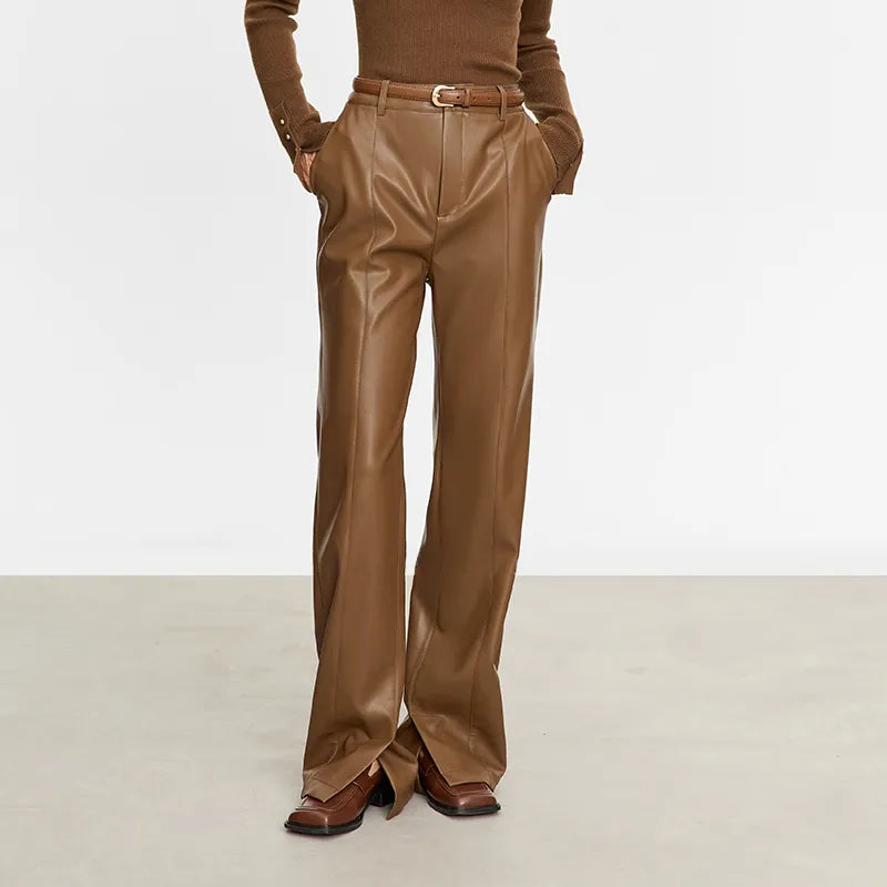 Minimalist PU Leather Casual Pants for Women Autumn Loose Floor Length Straight Slit Female Trousers camel