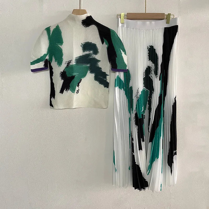 Miyake Pleated Suit Women's 2024 Spring New Fashion Printing All-match Loose And Elegant Slim Top&Skirt 2 Pcs Set Green One Size