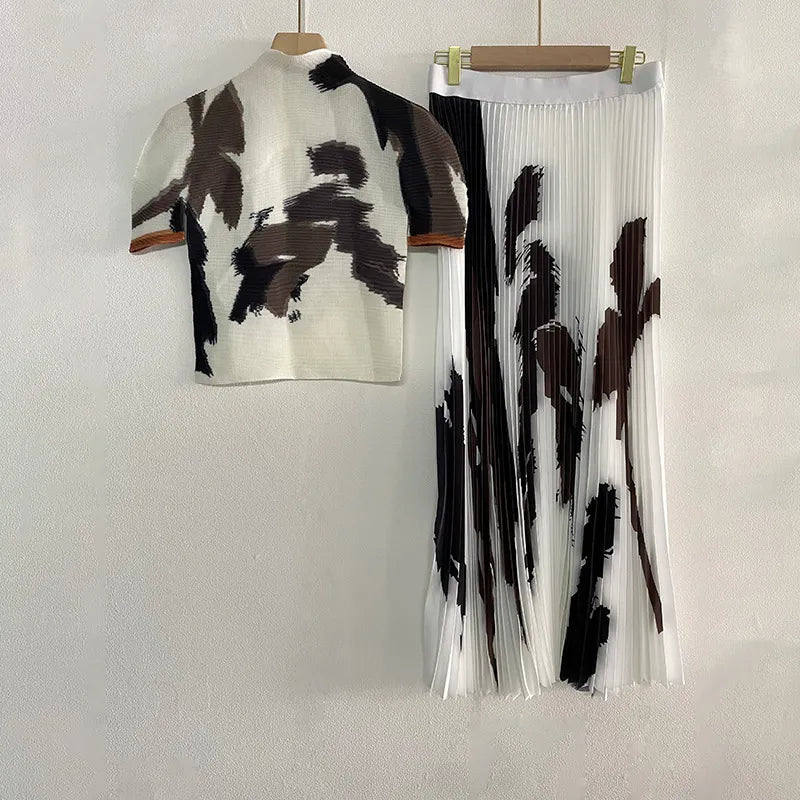 Miyake Pleated Suit Women's 2024 Spring New Fashion Printing All-match Loose And Elegant Slim Top&Skirt 2 Pcs Set Coffee One Size
