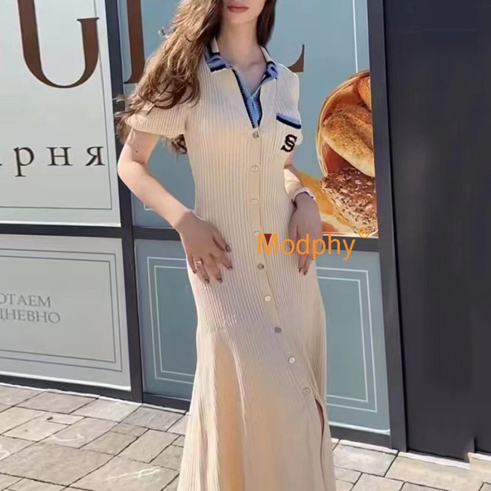 Modphy 2024 Elegant Slim Knitted Long Dress Women's Single breasted Long sleeved Designer Slim Vintage Dresses Autumn