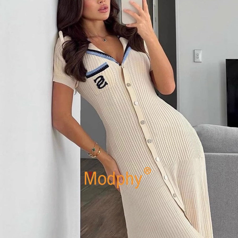 Modphy 2024 Elegant Slim Knitted Long Dress Women's Single breasted Long sleeved Designer Slim Vintage Dresses Autumn