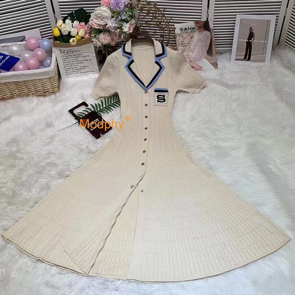Modphy 2024 Elegant Slim Knitted Long Dress Women's Single breasted Long sleeved Designer Slim Vintage Dresses Autumn Apricot Short Sleeve