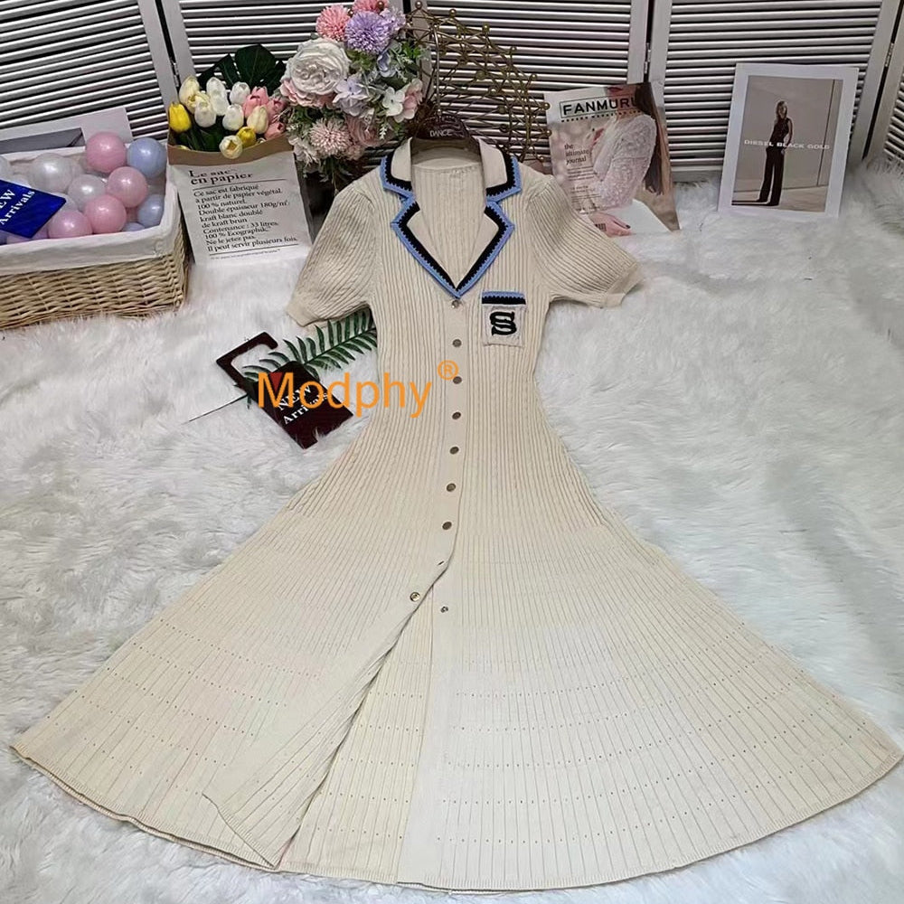 Modphy 2024 Elegant Slim Knitted Long Dress Women's Single breasted Long sleeved Designer Slim Vintage Dresses Autumn