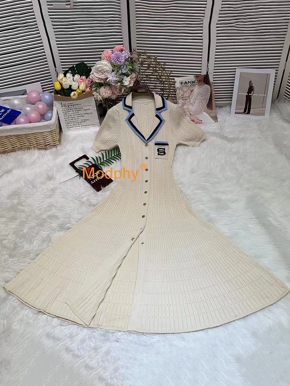 Modphy 2024 Elegant Slim Knitted Long Dress Women's Single breasted Long sleeved Designer Slim Vintage Dresses Autumn