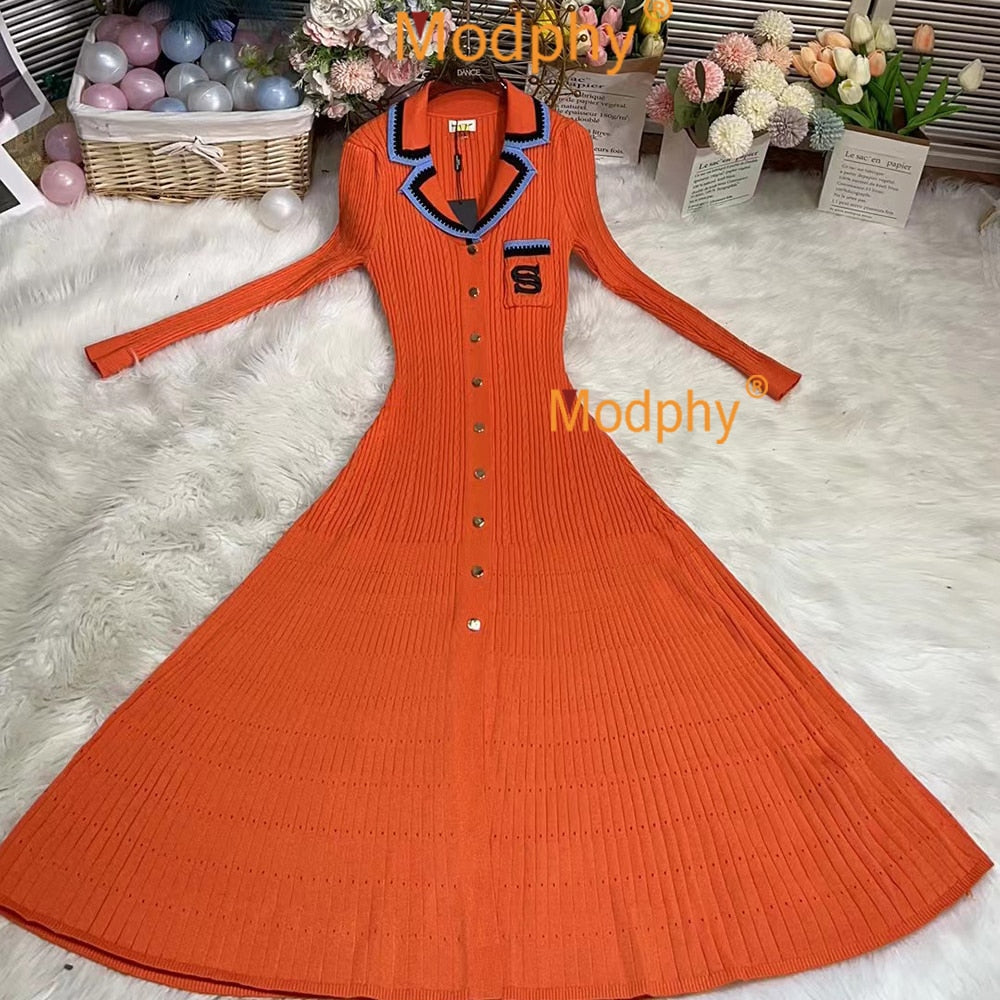 Modphy 2024 Elegant Slim Knitted Long Dress Women's Single breasted Long sleeved Designer Slim Vintage Dresses Autumn Orange Long Sleeve