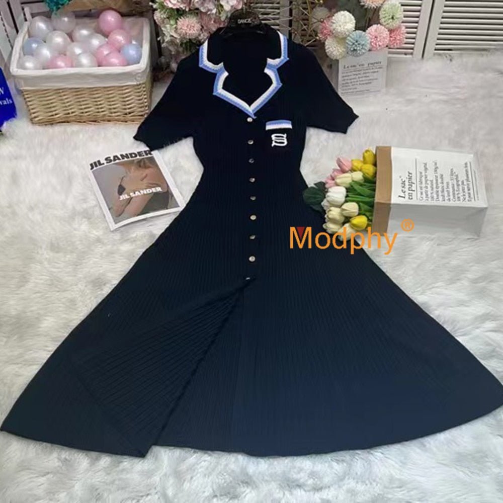 Modphy 2024 Elegant Slim Knitted Long Dress Women's Single breasted Long sleeved Designer Slim Vintage Dresses Autumn Black short sleeved
