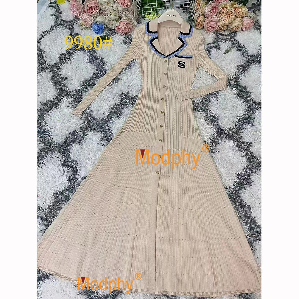 Modphy 2024 Elegant Slim Knitted Long Dress Women's Single breasted Long sleeved Designer Slim Vintage Dresses Autumn camel Long Sleeve