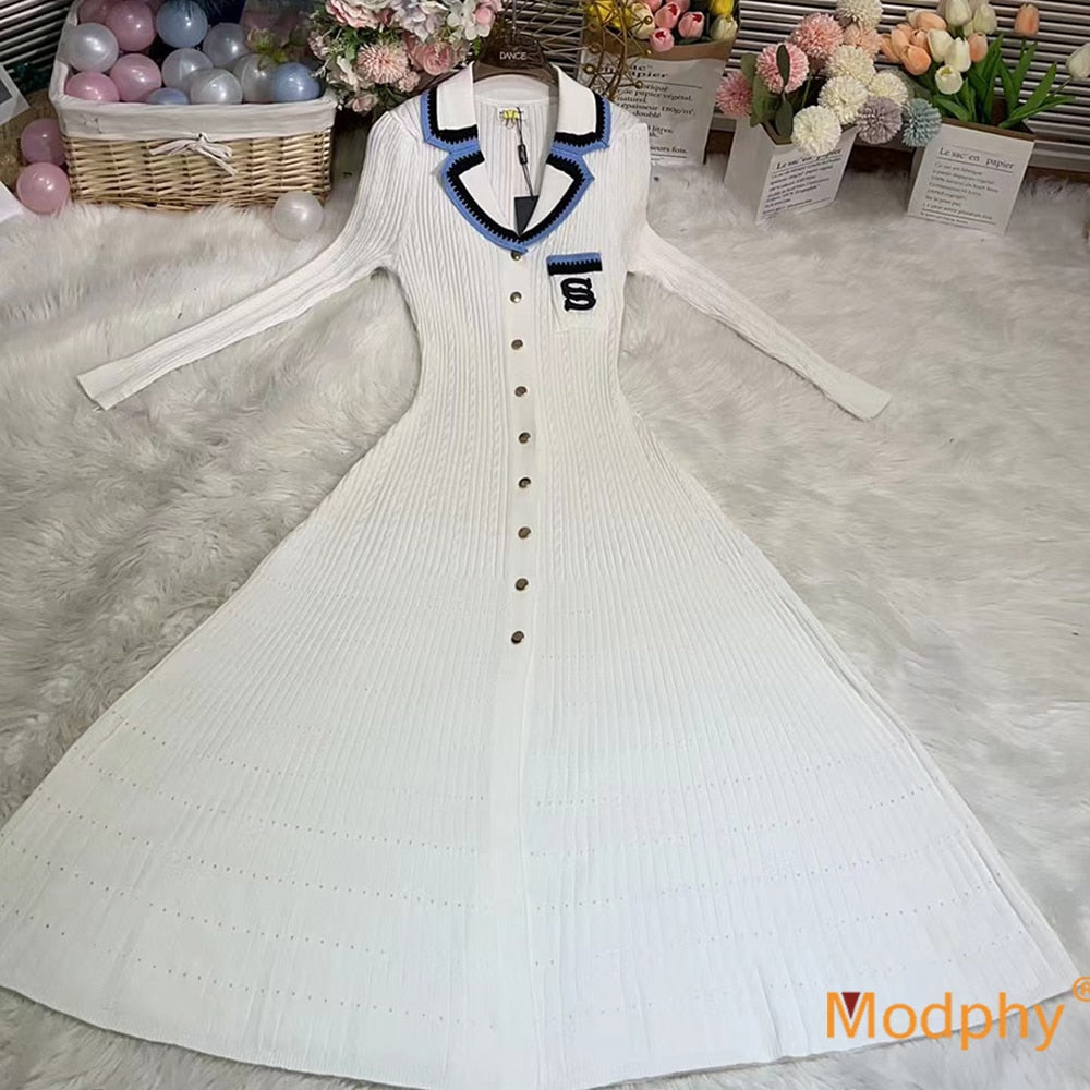 Modphy 2024 Elegant Slim Knitted Long Dress Women's Single breasted Long sleeved Designer Slim Vintage Dresses Autumn White Long Sleeve